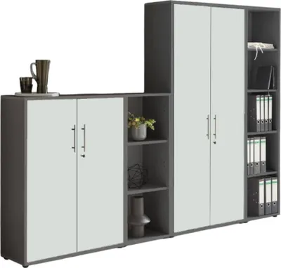 Produktbild von Aktenschrank TABOR 4 in anthrazit / weiß matt, Schrankwand, Büroschrank, abschließbar, Metallgriffe