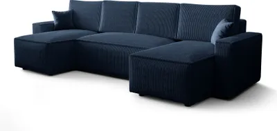 A dark blue sectional sofa with a chaise lounge on each side, shown from a front-diagonal angle against a white background.
