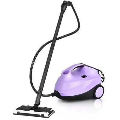 A purple and black steam cleaner with its accessories, set against a white background.