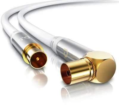 Imagen del producto de Cable de antena Primewire de 2 metros, con conector IEC de 90 grados (hembra) a conector IEC recto (macho), cable coaxial de 75 ohmios con blindaje de 135 dB para televisión por cable, DVB-T2 y radio, color blanco