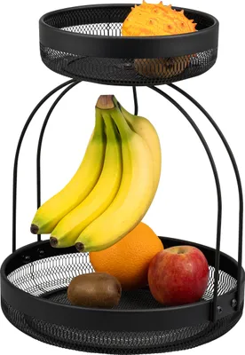 Image de eluno Porte-objets à 2 étages avec porte-banane, corbeille à pain, corbeille à fruits en métal noir, ronde