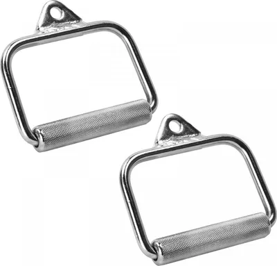 Two chrome-plated D-handles for cable machines, presented on a white background.