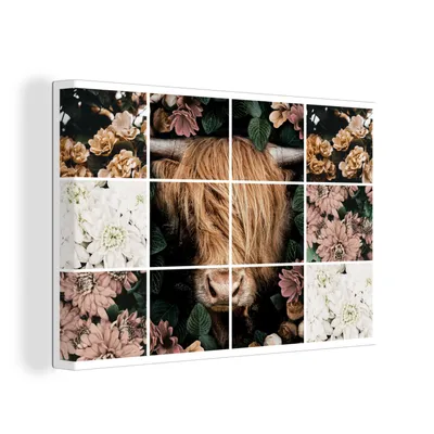 Zdjęcie produktu dla OneMillionCanvasses® - Obrazy na płótnie - 150x100 cm, Kolaż - Szkockie bydło górskie - Kwiaty, Druk na ścianie Dekoracja ścienna