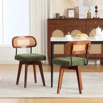 Immagine prodotto di Set di 2 poltrone girevoli a 360°, con schienale in rattan, sedie da cucina con seduta imbottita in chenille, ideali per la sala da pranzo, colore verde