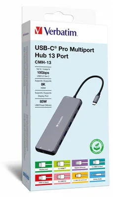 Zdjęcie produktu dla Verbatim CMH-13, USB Type-C, 3.5mm, DisplayPort, HDMI, RJ-45, USB 2.0, USB 3.2 Gen 1 (3.1 Gen 1) Type-A, USB 3.2 Gen 2 (3.1 Gen..., SD, MicroSD (TransFlash), 10000 Mbit/s, 30 Hz, Srebrny