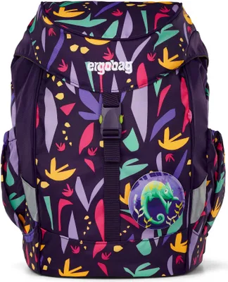 A children's backpack with a colorful abstract pattern and a chameleon patch.