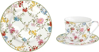 Produktbild von 3tlg. Frühstücksset GARDEN DREAMS weiß mit bunten Blumen Porzellan Easy Life