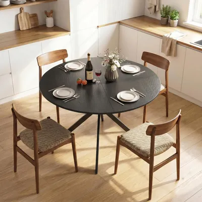 Produktbild von Runder Esstisch Schwarz Industrial, Küchentisch rund Spanplatte Stahlbeine, Industriestil | Ø 120 x 75 cm | für 4 Personen | Schwarz