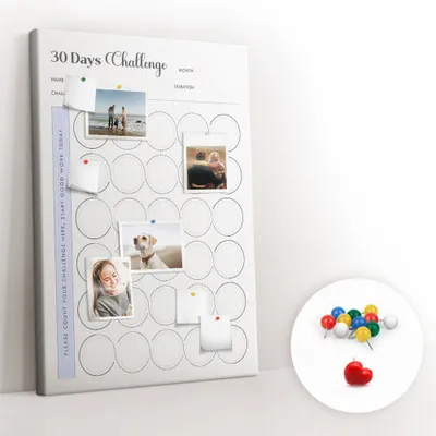 Imagen del producto de Tablero de corcho con chinchetas - Tablero con chinchetas para fotografías y notas - 80x120 cm - 100 chinchetas de colores - Planificador de 30 días