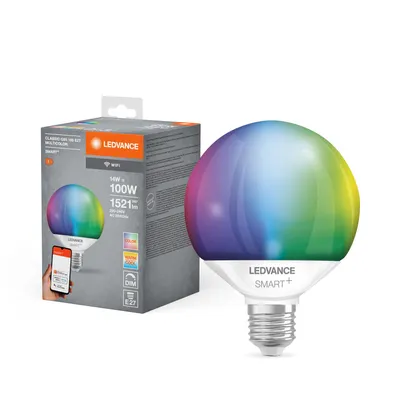 Obrázek produktu pro LEDVANCE Chytrá LED žárovka s technologií Wifi, patice E27, stmívatelná, RGB barvy a možnost změny barvy světla, tvar koule, matná, náhrada za běžné 100W žárovky, ovládání pomocí Alexa, Google a aplikace