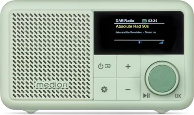 Zdjęcie produktu dla MEDION S66822 Przenośne mini radio DAB+ z Bluetooth (akumulator o żywotności do 6,5 godziny, mały, przyciemniany kolorowy wyświetlacz, antena teleskopowa, wyłącznik czasowy, budzik, drzemka, AUX, USB-C) zielony