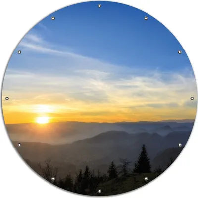 Produktbild von Wallario rundes Outdoor-Poster für Garten oder Balkon, Motiv Sonnenaufgang über dem Schwarzwald, 120 cm Durchmesser