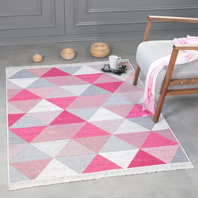 Image de Tapis ras ras - tapis boho kilim, tapis de salon, tapis de chambre et de cuisine, tapis d'entrée, 140 x 200 cm, carreaux rose clair