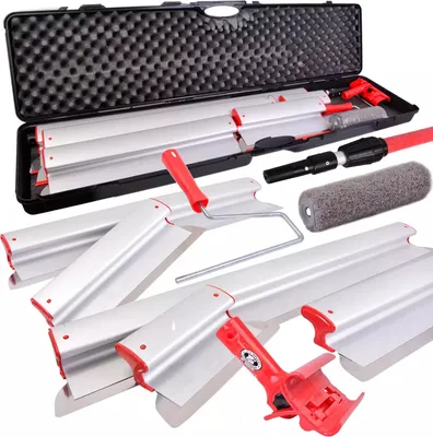 A set of drywall finishing tools laid out on a white background, with a black carrying case in the background.