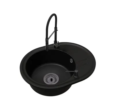 Produktbild von Einbeckige Küchenspüle Bella mit Siphon, schwarzer Armatur Vento und Seifenspender