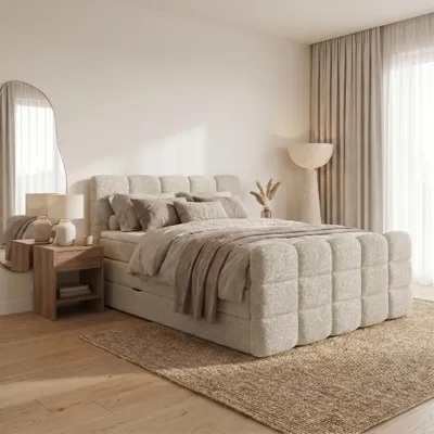 Produktbild von ELVORA DESIGNE Boxspringbett 180x200 cm PURE mit 2 Bonellmatratzen H3 & Topper, 2 Bettkästen, Beige, KI-generiertes Bild