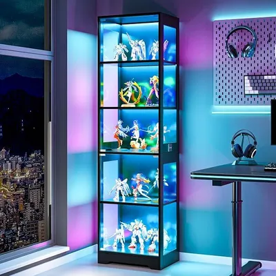 Obrázek produktu pro Skleněná vitrína s LED osvětlením ve 3 barvách, výška 180 cm, 5 skleněných polic, s inteligentním senzorem, vhodná do ložnice nebo obývacího pokoje (180 × 40 × 35 cm)