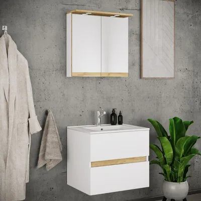 Produktbild von VCM 3-tlg. Waschtisch Set mit Keramikbecken, Badschrank mit 2 Softclose-Schubladen, Spiegelschrank mit Beleuchtung und Steckdose, Maße Unterschrank H. 51 x B. 61 x T. 47 cm, Cosila-I