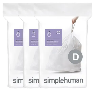 Produktbild von simplehuman Passgenaue Müllbeutel 3 x 20 Pack (60 Beutel), Code D, 20 Liter; CW0254
