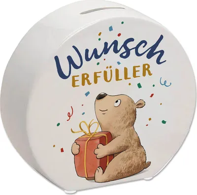 Produktbild von Bär mit Geschenk Spardose mit Spruch Wunscherfüller