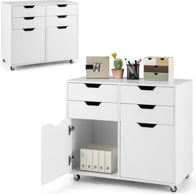 A white mobile filing cabinet with drawers and doors, shown both closed and open, with decorative items on top.