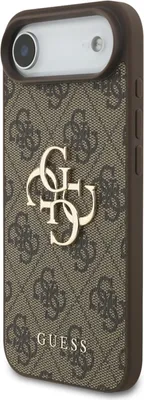 A close-up, angled view of a brown iPhone case with a repeating Guess logo pattern and a prominent gold Guess logo in the center.