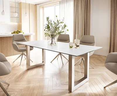 Produktbild von DELIFE Esstisch Edge 200x100 Keramik Laminam® Statuarietto Weiß Edelstahl Breit