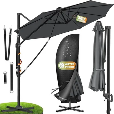 Produktbild von Sonnenschirm Ampelschirm SUN XL 300 x 300 cm Inkl. Abdeckung + Windsicherung Drehbar Neigbar Kippbar Marktschirm Groß 360° Rotation, Gartenschirm mit Kurbel Sonnenschutz UV50+, Anthrazit