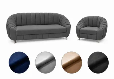 Zdjęcie produktu dla Zestaw wypoczynkowy Verno – 3-osobowa sofa rozkładana + fotel, styl glamour, schowek na pościel, pianka HR, nowoczesny design, najwyższy komfort, ciemnoszary