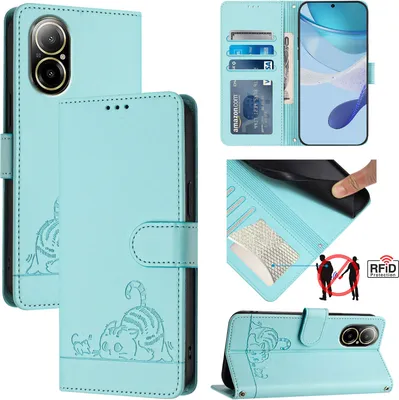 Produktbild von Leder Hülle für Realme C67 4G Süße Katze Flip Case Brieftasche Schutzhülle mit Standfunktion hellgrün