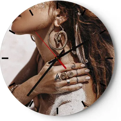 Produktbild von Wanduhr - Rund - Glasuhr - Sand Frau Schmuck - 40x40cm - Schleichendes Uhrwerk - Lautlos - zum Aufhängen bereit - Dekoration Modern - Wanddekoration aus Glas - C3AR40x40-4802