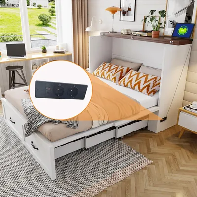 Immagine prodotto di Letto a scomparsa Flieks, 140x200 cm, con presa di corrente, struttura letto estraibile, letto a ribalta con rotelle silenziose, colore bianco