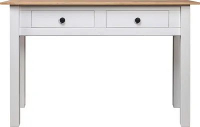 A front view of a white and wood console table with two drawers.