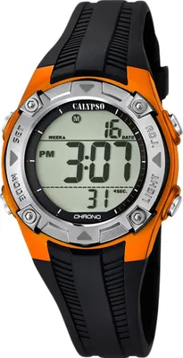 A digital watch with an orange and black strap and bezel, displayed against a white background.