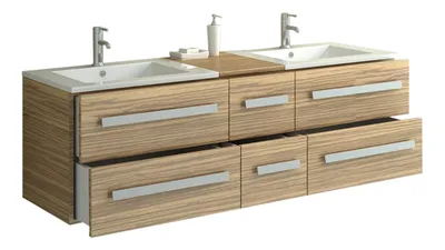 Produktbild von Jet-Line Badset Zürich II zebra dunkel für 2 Personen Holzoptik dark zebra Set 2 Unterschränke mit SMC-Waschbecken 1 Mittelschrank 2 Spiegel Badmöbel Holz Waschtisch Waschbecken Unterschrank Doppelwaschbecken Doppelwaschtisch modern Schubladen Aluminium-Griffe wasserfestes Furnier Ablage Badschrank Badschränke Stauraum Badezimmer Badezimmerschrank Hängeschrank