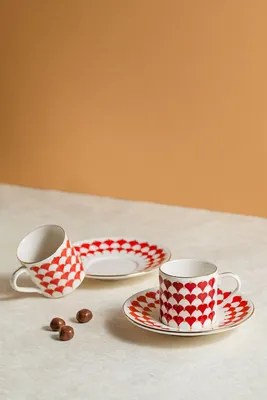Produktbild von Hermia Concept, Hochwertiges Kaffeetassen-Set (4 Teile) - 100% Porzellan, Weiß/Gold/Rot