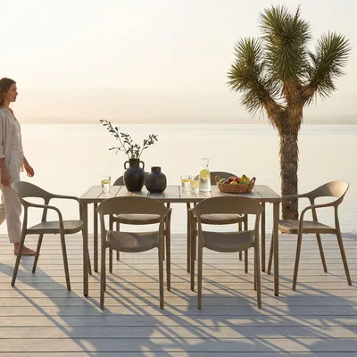 Produktbild von Gartenmöbel Set LAVANDA 1 Tisch & 6 Stühle, champagner - Outdoor Sitzgruppe wetterfest UV-beständig, Tisch aus Aluminium, Stühle aus Polyrattan & Wiener Geflecht Optik für Balkon Terrasse & Garten