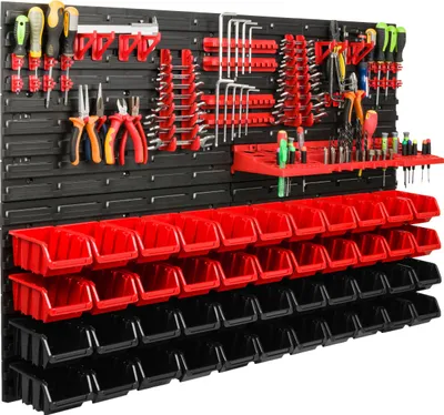 Image de Système de rangement Étagère d'atelier | 115 x 78 cm | 44 pièces Boîte | Étagère murale avec supports pour outils et boîtes empilables - Panneaux muraux Étagère à bacs extra-robuste Panneau perforé pour outils Étagère de rangement Étagère de garage
