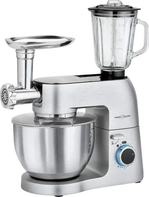 Produktbild von ProfiCook Knetmaschine | Universalküchenmaschine 3in1 8 Geschwindigkeitsstufen 1500 Watt 6,7 Liter Edelstahlschüsse Glas Mixer 1,5 Fleischwolf