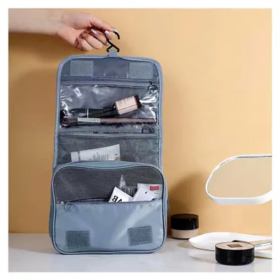 Produktbild von Hängender Kulturbeutel für Reisen, Wasserdicht, mit mehreren Fächern und Haken (Grau)