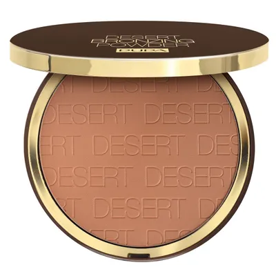 A bronzing powder compact with the lid open, showing the powder inside.