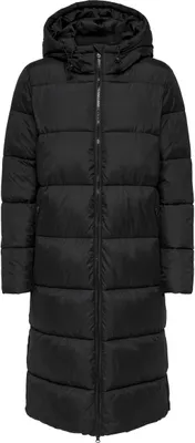 A black, long, hooded puffer coat.