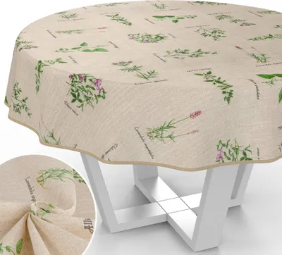 Produktbild von Tischdecke Botanik mit Blumen Botanik aus Stoff Tischwäsche mit Beschichtung Tischtuch Naturel Beige Rund 120cm mit Paspelband