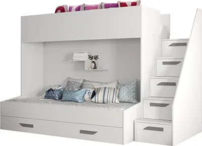 Produktbild von Etagenbett für Kinder Party 16 Stockbett mit Treppe und Bettkasten (Weiß + Weiß Glanz + graue Griffe)