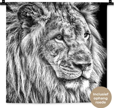 Produktbild von MuchoWow® Wandteppich Wandbehang Porträt - Löwe - Schwarz und weiß 60x60 cm Tapisserie Dekoration Wandtuch - Dekorationen - Wand Decke