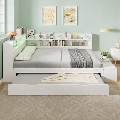 Produktbild von MODFU Funktionsbett 120 x 200 cm mit Ausziehbett 90 x 190 cm,Holzbett Tagesbett mit Stauraum,Daybett mit LED-Beleuchtung,Weiß(ohne Matratze)
