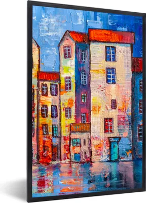 Produktbild von MuchoWow® Gerahmtes Poster Gemälde - Ölfarbe - Haus - Wasser 40x60 cm - Poster mit Schwarzem Bilderrahmen Wandposter Rahmen Foto Bilder - Papierdruck - Wandbilder
