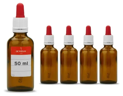 Image de 5 flacons en verre ambré 50 ml, G18, pipette en verre longue, bouchon en caoutchouc rouge