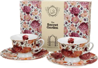 Produktbild von DUO FLORAL 2er-Set Espressotassen 100 ml SPRING ROSES WHITE mit Untertassen, New Bone China Porzellan