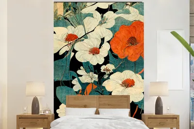 Obrázek produktu pro MuchoWow® fototapeta do obývacího pokoje nebo ložnice tapeta na zeď vinylový motiv tapety květiny - rostliny - vintage - Asie - oranžová - 145x220 cm - dekorace na zeď